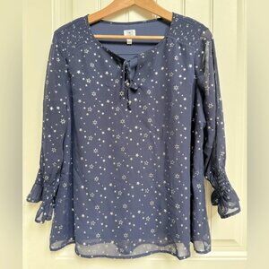 Dress Barn Navy with Silver Stars Sheer Lined Tunic Bloe with Tie. Size L